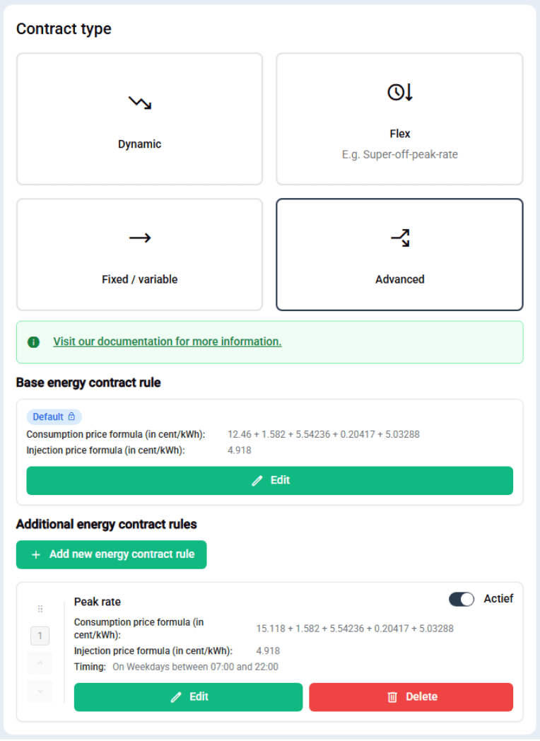 Exemplo de configuração avançada de contrato de energia