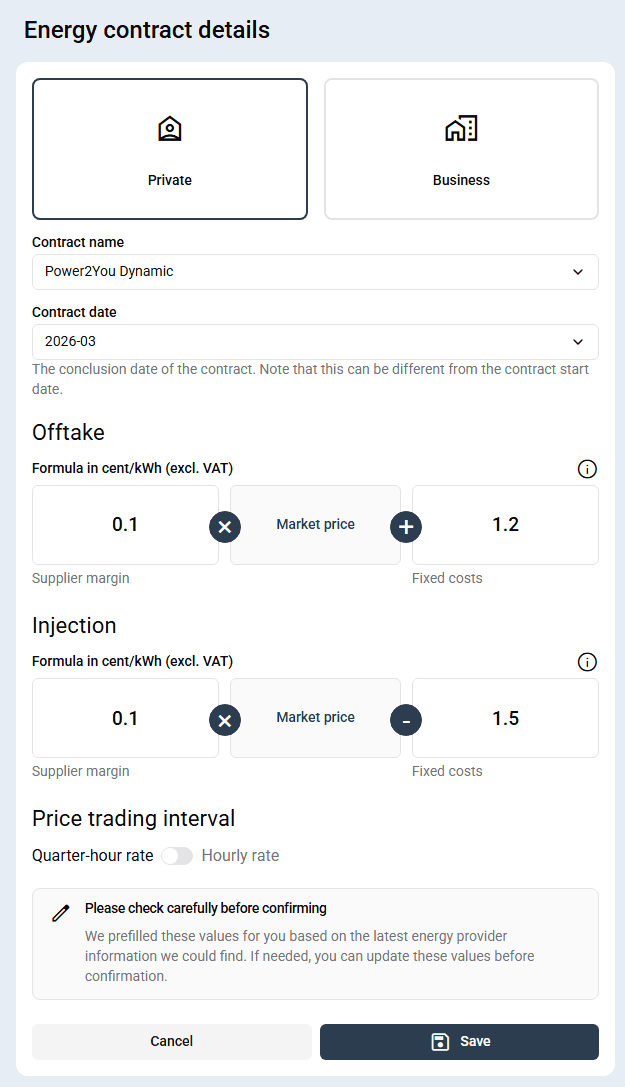Exemplo de configuração de contrato de energia dinâmico