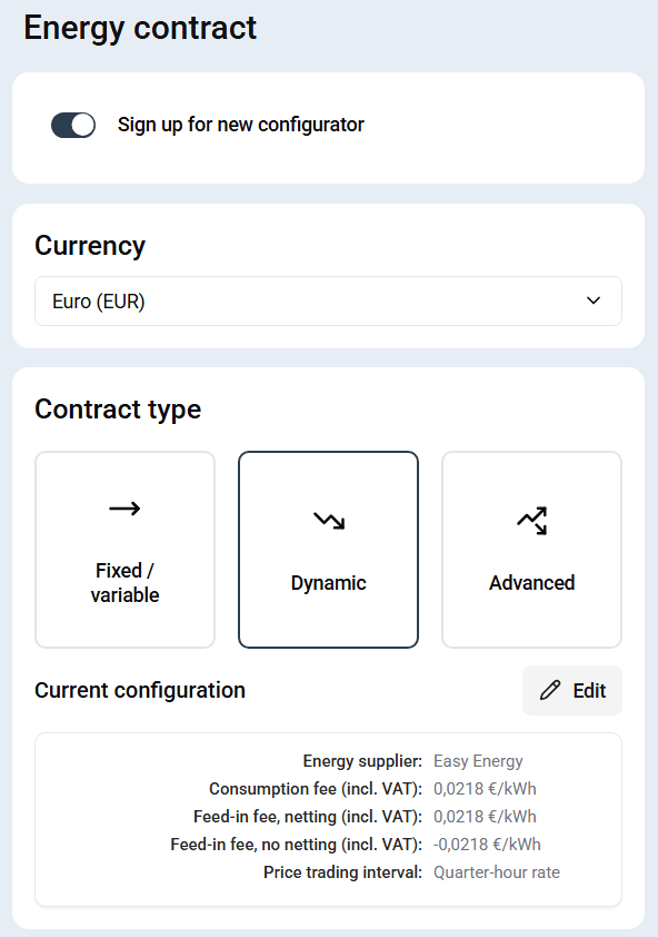 Configuração de exemplo de contrato de energia