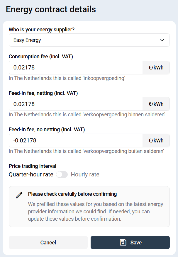 Exemplo de configuração de contrato de energia dinâmico